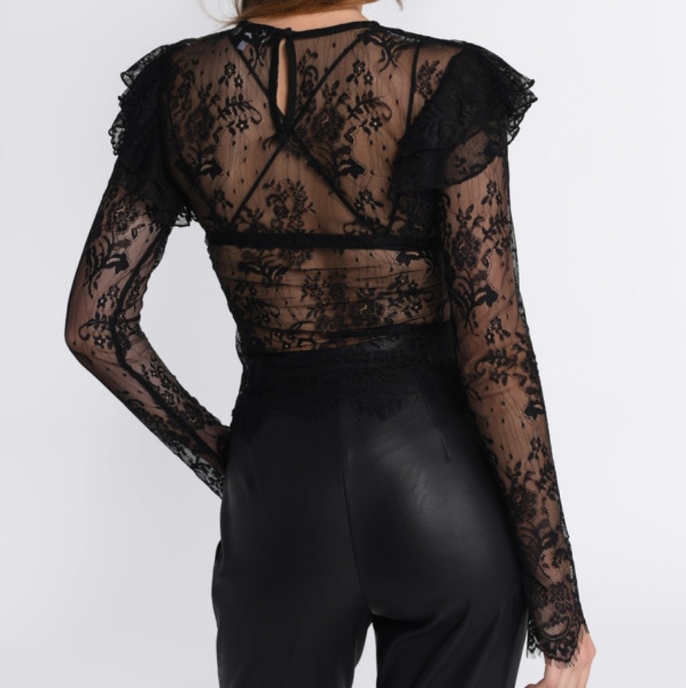 TOBI NICKIE BLACK DBL RUFFLE LONG SLEEVE LACE TOP - Picture 4 of 8